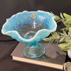 Fenton Blue Glass Art with Ruffled Elegance